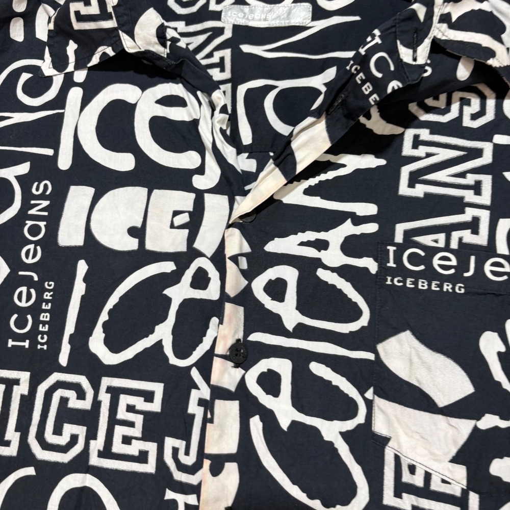 Iceberg Ice Jeans Men XXXL Black White Logo Print Short Sleeve Button Down Shirt - Picture 3 of 8